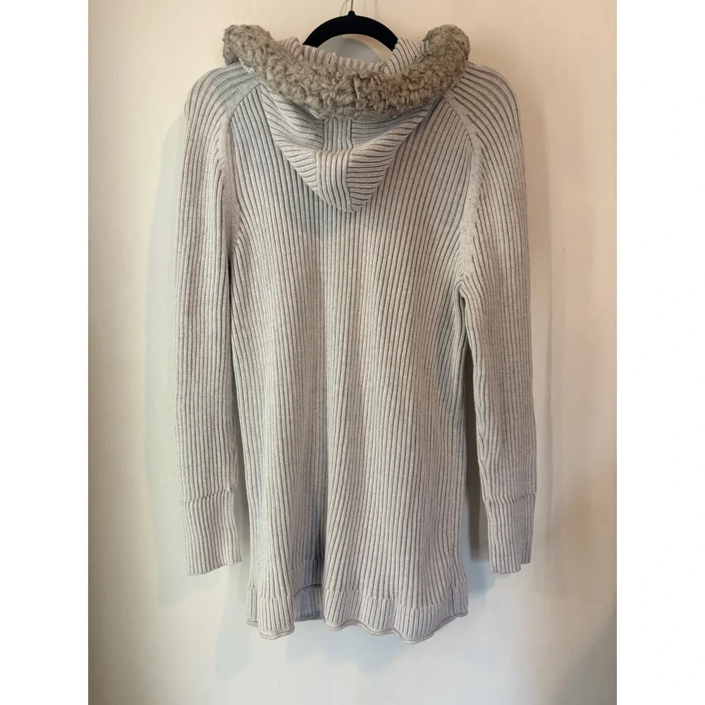 Eddie‎ Bauer Womens XL Sweater Coat Gray Cable Knit Faux Fur Hood Zip Y2k Tunic